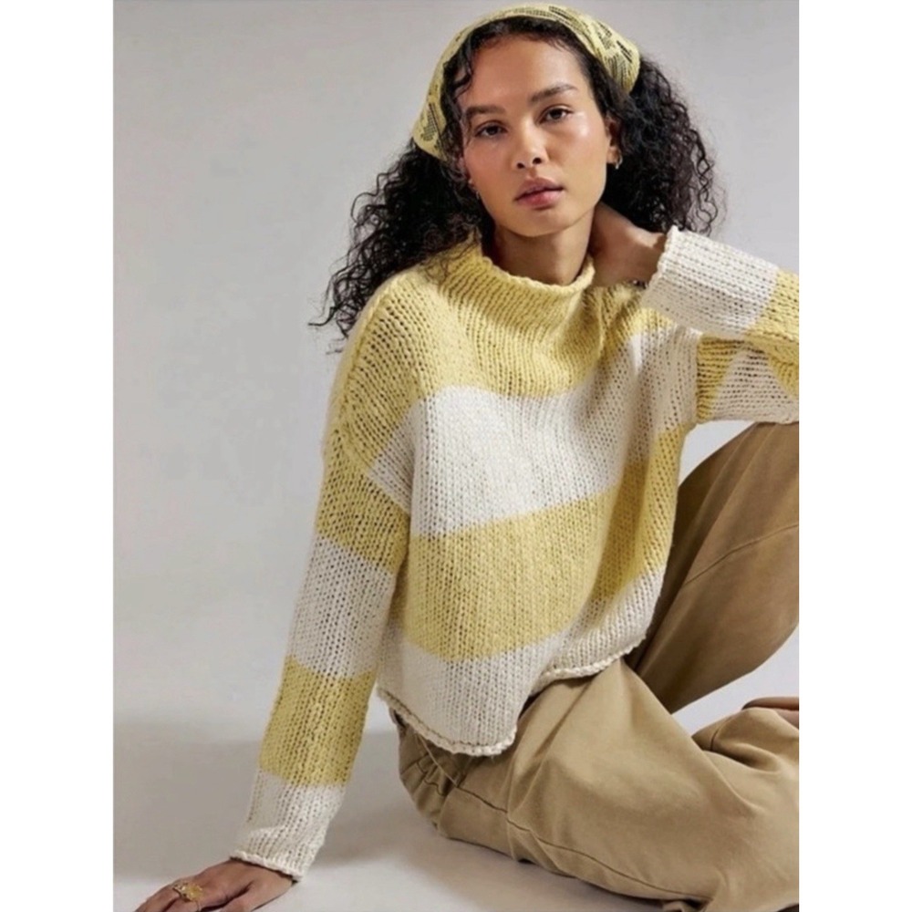 NWT Free People Opal Rugby Stripe Knit Sweater Lemon Combo Yellow White Sz M